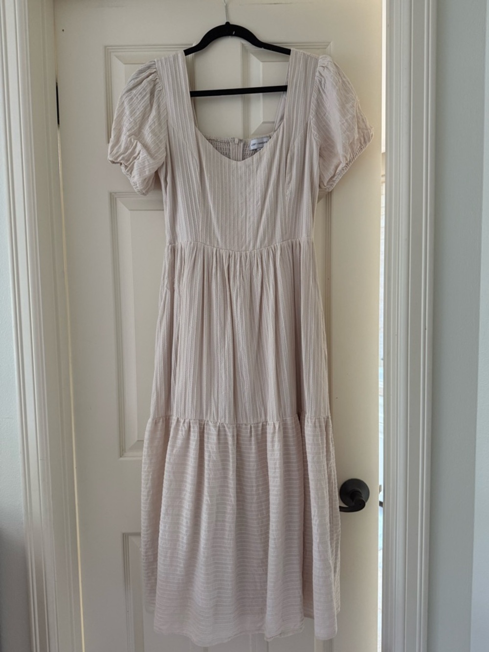 Lost + Wander Blush Striped Puff-Sleeve Midi Dress
